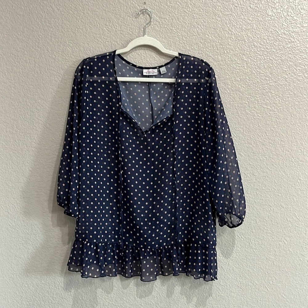 Sweet Pea Stacy Frati New York Navy Blue White Polka Dot Tunic Top size L TC0644